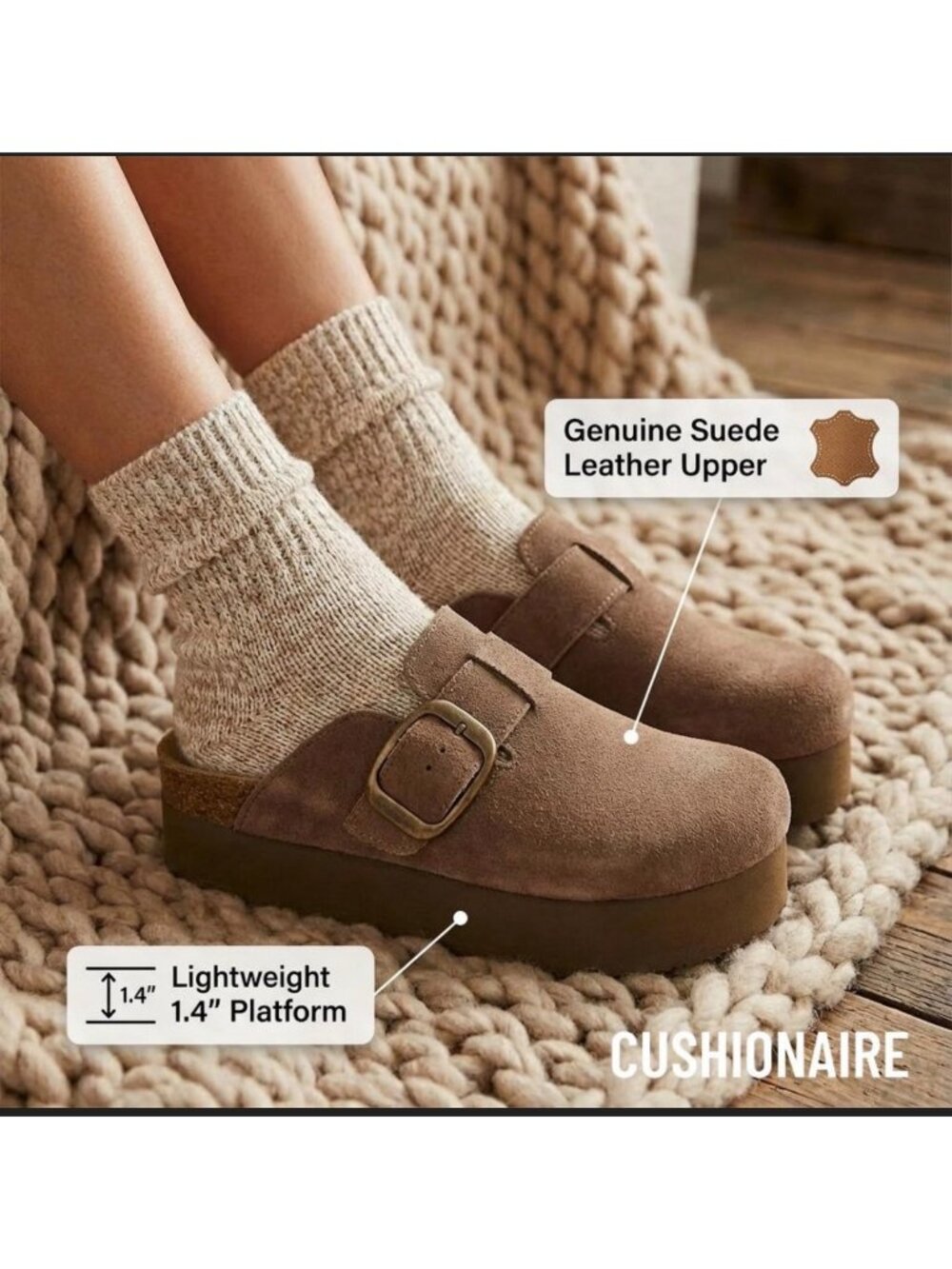 Cushionaire Blain Genuine Suede Clogs Cork Footbed Platform - Picture 3 of 8